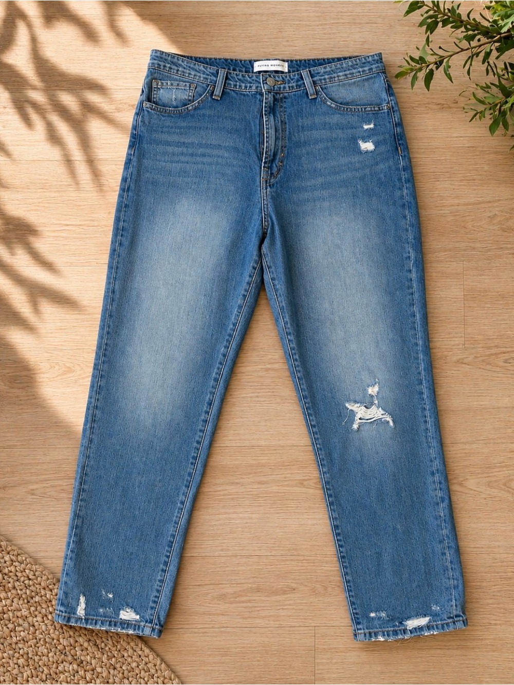 Flying Monkey Distressed Boyfriend Jeans in Medium Blue